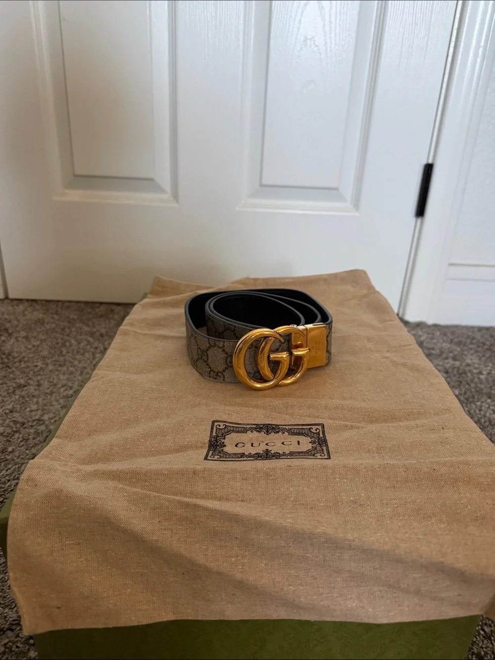 Gucci Brown GG Monogram Canvas Belt with Gold Double G Buckle